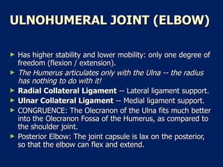 ULNOHUMERAL JOINT (ELBOW)  Has higher stability and lower mobility: only one degree of freedom (flexion / extension).  The Humerus articulates only with the Ulna -- the radius has nothing to do with it!   Radial Collateral Ligament  -- Lateral ligament support.  Ulnar Collateral Ligament  -- Medial ligament support.  CONGRUENCE: The Olecranon of the Ulna fits much better into the Olecranon Fossa of the Humerus, as compared to the shoulder joint.  Posterior Elbow: The joint capsule is lax on the posterior, so that the elbow can flex and extend.  