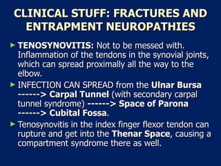 CLINICAL STUFF: FRACTURES AND ENTRAPMENT NEUROPATHIES TENOSYNOVITIS:  Not to be messed with. Inflammation of the tendons in the synovial joints, which can spread proximally all the way to the elbow.  INFECTION CAN SPREAD from the  Ulnar Bursa ------> Carpal Tunnel  (with secondary carpal tunnel syndrome)  ------> Space of Parona ------> Cubital Fossa .  Tenosynovitis in the index finger flexor tendon can rupture and get into the  Thenar Space , causing a compartment syndrome there as well.  