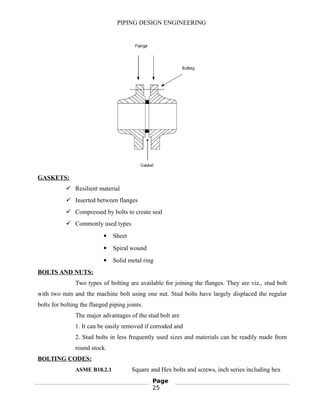 PIPING DESIGN ENGINEERING
GASKETS:
 Resilient material
 Inserted between flanges
 Compressed by bolts to create seal
 Commonly used types
 Sheet
 Spiral wound
 Solid metal ring
BOLTS AND NUTS:
Two types of bolting are available for joining the flanges. They are viz., stud bolt
with two nuts and the machine bolt using one nut. Stud bolts have largely displaced the regular
bolts for bolting the flanged piping joints.
The major advantages of the stud bolt are
1. It can be easily removed if corroded and
2. Stud bolts in less frequently used sizes and materials can be readily made from
round stock.
BOLTING CODES:
ASME B18.2.1 Square and Hex bolts and screws, inch series including hex
Page
25
 