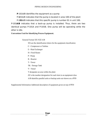 PIPING DESIGN ENGINEERING
P-101A/B identifies the equipment as a pump
P-101A/B indicates that the pump is located in area 100 of the plant
P-101A/B indicates that this specific pump is number 01 in unit 100.
P-101A/B indicates that a back-up pump is installed. Thus, there are two
identical pumps P-101A and P-101B. One pump will be operating while the
other is idle.
Conventions Used for Identifying Process Equipment.
General Format XX-YZZ A/B
XX are the identification letters for the equipment classification
C - Compressor or Turbine
E - Heat Exchanger
H - Fired Heater
P - Pump
R - Reactor
T - Tower
TK - Storage Tank
V - Vessel
Y designates an area within the plant
ZZ is the number designation for each item in an equipment class
A/B identifies parallel units or backup units not shown on a PFD
Supplemental Information Additional description of equipment given on top of PFD
Page
37
 