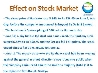 • The share price of Ranbaxy rose 3.86% to Rs 526.40 on June 9, two
days before the company announced its buyout by Daiichi Sankyo.
• The benchmark Sensex plunged 506 points the same day
• June 10, a day before the deal was announced, the Ranbaxy scrip
surged 6.52% to Rs 560.75 and the Sensex fell 177 points. The stock
ended almost flat at Rs 560.80 on June 11
• June 11 The reason as to why the Ranbaxy stock had been moving
against the general market direction since it became public when
the company announced about the sale of a majority stake in it to
the Japanese firm Daiichi Sankyo
 