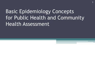 Basic Epidemiology Concepts
for Public Health and Community
Health Assessment
1
 