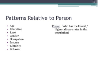 Patterns Relative to Person
• Age
• Education
• Race
• Gender
• Occupation
• Income
• Ethnicity
• Behavior
Person: Who has the lowest /
highest disease rates in the
population?
12
 