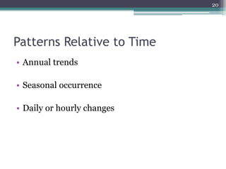 Patterns Relative to Time
• Annual trends
• Seasonal occurrence
• Daily or hourly changes
20
 