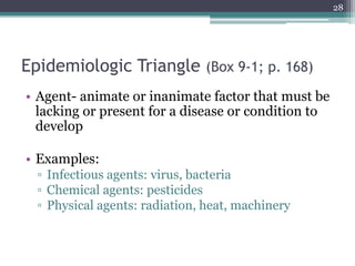 Epidemiologic Triangle (Box 9-1; p. 168)
• Agent- animate or inanimate factor that must be
lacking or present for a disease or condition to
develop
• Examples:
▫ Infectious agents: virus, bacteria
▫ Chemical agents: pesticides
▫ Physical agents: radiation, heat, machinery
28
 