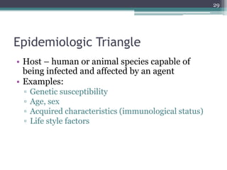Epidemiologic Triangle
• Host – human or animal species capable of
being infected and affected by an agent
• Examples:
▫ Genetic susceptibility
▫ Age, sex
▫ Acquired characteristics (immunological status)
▫ Life style factors
29
 