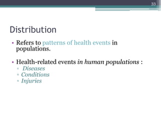 Distribution
• Refers to patterns of health events in
populations.
• Health-related events in human populations :
▫ Diseases
▫ Conditions
▫ Injuries
33
 