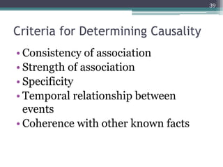Criteria for Determining Causality
• Consistency of association
• Strength of association
• Specificity
• Temporal relationship between
events
• Coherence with other known facts
39
 