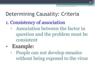 Determining Causality: Criteria
1. Consistency of association
▫ Association between the factor in
question and the problem must be
consistent
• Example:
▫ People can not develop measles
without being exposed to the virus
40
 
