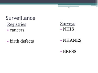 83
Surveillance
Registries
• cancers
• birth defects
Surveys
• NHIS
• NHANES
• BRFSS
 