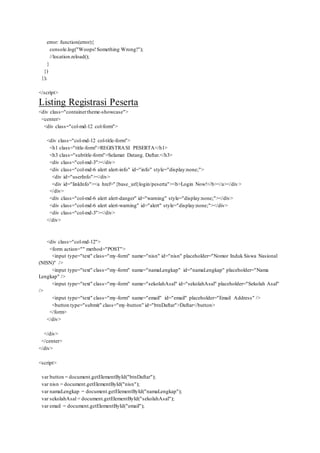 error: function(error){
console.log("Woops!Something Wrong!");
//location.reload();
}
})
});
</script>
Listing Registrasi Peserta
<div class="containertheme-showcase">
<center>
<div class="col-md-12 col-form">
<div class="col-md-12 col-title-form">
<h1 class="title-form">REGISTRASI PESERTA</h1>
<h3 class="subtitle-form">Selamat Datang. Daftar.</h3>
<div class="col-md-3"></div>
<div class="col-md-6 alert alert-info" id="info" style="display:none;">
<div id="userInfo"></div>
<div id="linkInfo"><a href="{base_url}login/peserta"><b>Login Now!</b></a></div>
</div>
<div class="col-md-6 alert alert-danger" id="warning" style="display:none;"></div>
<div class="col-md-6 alert alert-warning" id="alert" style="display:none;"></div>
<div class="col-md-3"></div>
</div>
<div class="col-md-12">
<form action="" method="POST">
<input type="text" class="my-form" name="nisn" id="nisn" placeholder="Nomor Induk Siswa Nasional
(NISN)" />
<input type="text" class="my-form" name="namaLengkap" id="namaLengkap" placeholder="Nama
Lengkap" />
<input type="text" class="my-form" name="sekolahAsal" id="sekolahAsal" placeholder="Sekolah Asal"
/>
<input type="text" class="my-form" name="email" id="email" placeholder="Email Address" />
<button type="submit" class="my-button" id="btnDaftar">Daftar</button>
</form>
</div>
</div>
</center>
</div>
<script>
var button = document.getElementById("btnDaftar");
var nisn = document.getElementById("nisn");
var namaLengkap = document.getElementById("namaLengkap");
var sekolahAsal = document.getElementById("sekolahAsal");
var email = document.getElementById("email");
 