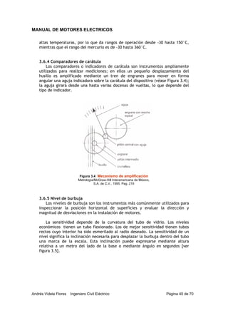 MANUAL DE MOTORES ELECTRICOS
Andrés Videla Flores Ingeniero Civil Eléctrico Página 40 de 70
altas temperaturas, por lo que da rangos de operación desde -30 hasta 150°C,
mientras que el rango del mercurio es de -30 hasta 360°C.
3.6.4 Comparadores de carátula
Los comparadores o indicadores de carátula son instrumentos ampliamente
utilizados para realizar mediciones; en ellos un pequeño desplazamiento del
husillo es amplificado mediante un tren de engranes para mover en forma
angular una aguja indicadora sobre la carátula del dispositivo (véase Figura 3.4);
la aguja girará desde una hasta varias docenas de vueltas, lo que depende del
tipo de indicador.
3.6.5 Nivel de burbuja
Los niveles de burbuja son los instrumentos más comúnmente utilizados para
inspeccionar la posición horizontal de superficies y evaluar la dirección y
magnitud de desviaciones en la instalación de motores.
La sensitividad depende de la curvatura del tubo de vidrio. Los niveles
económicos tienen un tubo flexionado. Los de mejor sensitividad tienen tubos
rectos cuyo interior ha sido esmerilado al radio deseado. La sensitividad de un
nivel significa la inclinación necesaria para desplazar la burbuja dentro del tubo
una marca de la escala. Esta inclinación puede expresarse mediante altura
relativa a un metro del lado de la base o mediante ángulo en segundos [ver
figura 3.5].
Figura 3.4 Mecanismo de amplificación
Metrología/McGraw-Hill Interamericana de México,
S.A. de C.V., 1995. Pag. 219
 