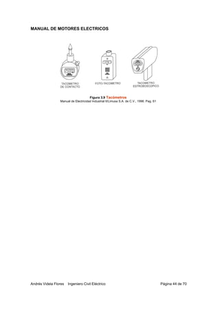 MANUAL DE MOTORES ELECTRICOS
Andrés Videla Flores Ingeniero Civil Eléctrico Página 44 de 70
Figura 3.9 Tacómetros
Manual de Electricidad Industrial II/Limusa S.A. de C.V., 1996. Pag. 61
 
