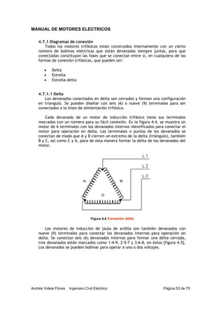 MANUAL DE MOTORES ELECTRICOS
Andrés Videla Flores Ingeniero Civil Eléctrico Página 53 de 70
4.7.1 Diagramas de conexión
Todos los motores trifásicos están construidos internamente con un cierto
número de bobinas eléctricas que están devanadas siempre juntas, para que
conectadas constituyan las fases que se conectan entre sí, en cualquiera de las
formas de conexión trifásicas, que pueden ser:
• Delta
• Estrella
• Estrella-delta
4.7.1.1 Delta
Los devanados conectados en delta son cerrados y forman una configuración
en triangulo. Se pueden diseñar con seis (6) o nueve (9) terminales para ser
conectados a la líneo de alimentación trifásica.
Cada devanado de un motor de inducción trifásico tiene sus terminales
marcadas con un número para su fácil conexión. En la figura 4.4, se muestra un
motor de 6 terminales con los devanados internos identificados para conectar el
motor para operación en delta. Las terminales o puntas de los devanados se
conectan de modo que A y B cierren un extremo de la delta (triángulo), también
B y C, así como C y A, para de esta manera formar la delta de los devanados del
motor.
Los motores de inducción de jaula de ardilla son también devanados con
nueve (9) terminales para conectar los devanados internos para operación en
delta. Se conectan seis (6) devanados internos para formar una delta cerrada,
tres devanados están marcados como 1-4-9, 2-5-7 y 3-6-8, en éstos [figura 4.5].
Los devanados se pueden bobinar para operar a uno o dos voltajes.
Figura 4.4 Conexión delta
 