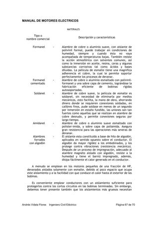 MANUAL DE MOTORES ELECTRICOS
Andrés Videla Flores Ingeniero Civil Eléctrico Página 67 de 70
MATERIALES
Tipo o
nombre comercial
Descripción y características
Formanel - Alambre de cobre o aluminio suave, con aislante de
polivinil formal, puede trabajar en condiciones de
humedad, siempre y cuando ésta no vaya
acompañada de temperaturas bajas. También resiste
la acción atmosférica con solventes comunes, así
como la inmersión en aceite, resina, ceras y algunas
substancias corrosivas tal como ácidos y bases
diluidas. La película de esmalte tiene una magnifica
adherencia el cobre, la cual le permite soportar
perfectamente los procesos de devanar.
Formanel
cementado
- Alambre de cobre o aluminio esmaltado con polivinil-
formanel y una sobre capa de cemento, lográndose la
fabricación eficiente de bobinas rígidas
autosoportadas.
Soldanel - Alambre de cobre suave, la película de esmalte es
soldanel, sin necesidad de eliminarla por medios
mecánicos, esto facilita, la mano de obra, ahorrando
dinero donde se requieren conexiones soldadas, en
calibres finos, pude soldase en menos de un segundo
por inmersión en estaño fundido, las uniones son tan
fuertes como aquellas que se realizan en alambre de
cobre desnudo, y permite conexiones seguras por
largo tiempo.
Amidanel - Alambre de cobre o aluminio suave esmaltado con
polister-imida, y sobre capa de poliamida. Asegura
gran resistencia para las operaciones más severas de
devanar.
Alambres
forrados
con algodón
- El aislante esta constituido a base de hilo de algodón,
aplicados en sentido opuesto sobre el conductor. El
algodón da mayor rigidez a los embobinados, y los
protege contra vibraciones (resistencia mecánica).
Después de un proceso de impregnación, adecuado al
alambre magneto aislado con algodón, resiste a la
humedad y tiene el barniz impregnado, además,
disipa fácilmente el calor generado en el conductor.
A menudo se emplean en los motores pequeños de una fracción de HP,
devanados aislados solamente con esmalte, debido al poco espacio que ocupa
este aislamiento y a la facilidad con que conduce el calor hasta el exterior de las
bobinas.
Es conveniente emplear conductores con un aislamiento suficiente para
protegerlos contra los cortos circuitos en las bobinas terminadas. Sin embargo,
debemos tener presente también que los aislamientos más gruesos necesitan
 