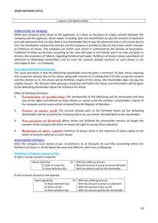 SHARES AND SHARE CAPITAL

capital in the Balance Sheet.

ForFeiture oF shares:
When any company allots share to the applicants, it is done on the basis of a legal contract between the
company and the applicant, which makes it binding upon the shareholders to pay the amount of allotment
and calls whenever they are due. Now if any shareholder fails to pay the allotment and or call money due to
him, the shareholder violates the contract and the company is entitled to take its share back, which is known
as forfeiture of shares. The company can forfeit such shares if authorised by the Articles of Association.
Forfeiture of share can be done according to the rules laid sown in the Articles and if no rules are given in
Articles, the provisions of Table A, regarding forfeiture will apply. Forfeiture of shares means cancellation of
allotment to defaulting shareholders and to treat the amount already received on such shares is not
returnable to him – it is forfeited.
Procedure for forfeited shares:
The usual procedure is that the defaulting shareholder must be given a minimum 14 days notice requiring
him to pay the amount due on his shares along with interest on it stating that if he fails to pay the amount
and the interest on it, the shares will be forfeited. Inspite of this notice, the shareholder does not pay the
unpaid amount. The directors after passing a resolution will forfeit the shares and information will be given
to the defaulting shareholder about the forfeiture his shares.
Effect of forfeiture of shares:
1.
Termination of membership: The membership of the defaulting will be terminated and they
lose all the rights and interest on those shares i.e. ceases to be the member / shareholder / owner of
the company and his name will be removed from the Register of Members
2.

Seizure of money paid: The amount already paid on the forfeited shares by the defaulting
shareholders will be seized by the company and in no case will be refunded back to the shareholder.

3.

Non payment of dividend: When shares are forfeited the shareholder remains no longer the
member of the company therefore he looses the right to receive future dividend.

4.

Reduction of share capital: Forfeiture of shares result in the reduction of share capital to the
extent of amount called up on such shares.

aCCounting entries:
Since the company issue shares at par, at premium, or at discount. As such the accounting entries for
forfeiture of shares in all the above the cases are different, which are as following:
Forfeiture of shares issued at Par:
If calls-in-arrear account is opened
Share capital A/c
To Calls-in-arrear A/c
To Share forfeiture A/c

Dr

With the called up amount
With the amount of arrear on shares forfeited
With the amount paid by the shareholder

If call-in-arrear account is not opened:
Share capital A/c
To Share allotment A/c
To Share call A/c
To Share forfeiture A/c

Dr

With the called up amount
With the amount of arrear on allotment
With the amount arrear on call
With the amount paid by the shareholder

12

 