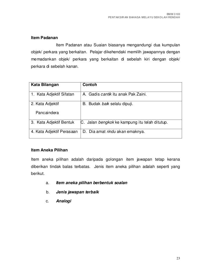 Contoh Soalan Aneka Pilihan Bahasa Melayu - Persoalan o