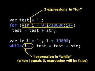 var  test  =  '';
for  (var  i  =  0;i<10000;i++)
  test  =  test  +  str;
var  test  =  '',  i  =  10000;
while(i-­‐-­‐)  test  =  test  +  str;
3 expressions in “for”
1 expression in “while”
(when i equals 0, expression will be false)
 