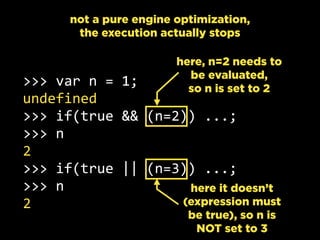 >>>  var  n  =  1;
undefined
>>>  if(true  &&  (n=2))  ...;
>>>  n
2
>>>  if(true  ||  (n=3))  ...;
>>>  n
2
not a pure engine optimization,
the execution actually stops
here, n=2 needs to
be evaluated,
so n is set to 2
here it doesn’t
(expression must
be true), so n is
NOT set to 3
 