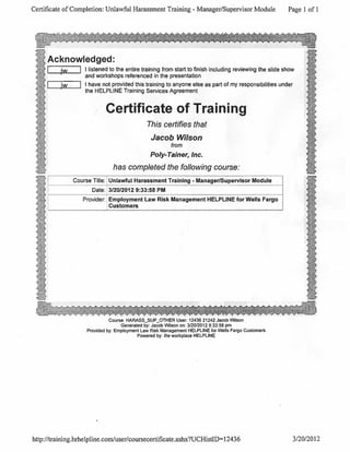 Certificate of Training - Unlawful Harassment