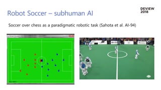 Robot Soccer – subhuman AI
Soccer over chess as a paradigmatic robotic task (Sahota et al. AI-94)
 