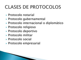  Protocolo notarial
 Protocolo gubernamental
 Protocolo internacional o diplomático
 Protocolo religioso
 Protocolo deportivo
 Protocolo militar
 Protocolo social
 Protocolo empresarial
 