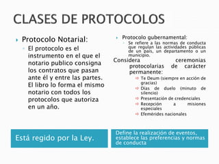 Está regido por la Ley.
Define la realización de eventos,
establece las preferencias y normas
de conducta
 Protocolo Notarial:
◦ El protocolo es el
instrumento en el que el
notario publico consigna
los contratos que pasan
ante él y entre las partes.
El libro lo forma el mismo
notario con todos los
protocolos que autoriza
en un año.
 Protocolo gubernamental:
◦ Se refiere a las normas de conducta
que regulan las actividades públicas
de un país, un departamento o un
municipio.
Considera ceremonias
protocolarias de carácter
permanente:
 Te Deum (siempre en acción de
gracias)
 Días de duelo (minuto de
silencio)
 Presentación de credenciales
 Recepción a misiones
especiales
 Efemérides nacionales
 