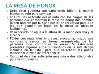  Debe estar cubierta con paño verde billar. El mantel
blanco es solo para comidas.
 Los rótulos al frente del asiento con los cargos de las
personas que conforman la mesa de honor (los nombre
deben notarse por la parte posterior del rótulo para que
los que ocupan un lugar en la mesa se ubiquen
fácilmente).
 Vaso servido de agua a la altura de la mano derecha y al
alcance.
 Fólder con materiales impresos, programa, listado con
nombres y cargos en forma jerarquizada, de las
personas que conforman la mesa. Si estuvieran
presentes algunos altos funcionarios en la sala deben
incluirse en la lista para que el orador las pueda
mencionar.(Orden de Precedencia).
 Cantidad de sillas suficiente más una o dos adicionales
para la imprevistos.
 