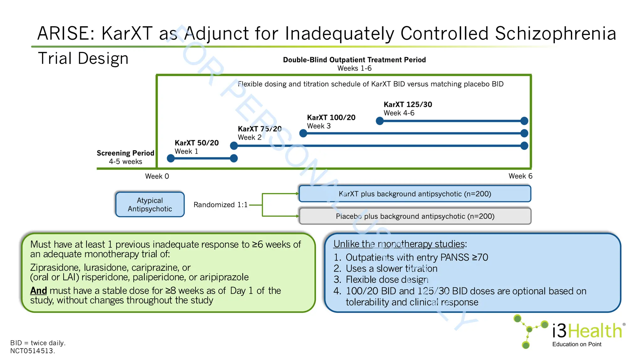 ARISE: KarXT as Adjunct for Inadequately Controlled Schizophrenia
BID = twice daily.
NCT0514513.
Trial Design
Must have at least 1 previous inadequate response to ≥6 weeks of
an adequate monotherapy trial of:
Ziprasidone, lurasidone, cariprazine, or
(oral or LAI) risperidone, paliperidone, or aripiprazole
And must have a stable dose for ≥8 weeks as of Day 1 of the
study, without changes throughout the study
Unlike the monotherapy studies:
1. Outpatients with entry PANSS ≥70
2. Uses a slower titration
3. Flexible dose design
4. 100/20 BID and 125/30 BID doses are optional based on
tolerability and clinical response
F
O
R
P
E
R
S
O
N
A
L
U
S
E
O
N
L
Y
 