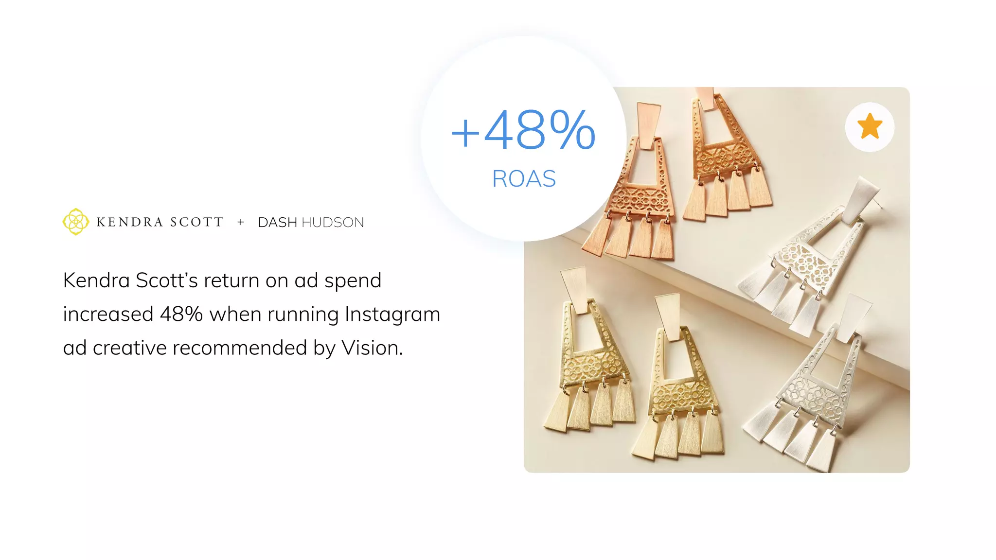 +48%
ROAS
Kendra Scott’s return on ad spend
increased 48% when running Instagram
ad creative recommended by Vision.
+
 