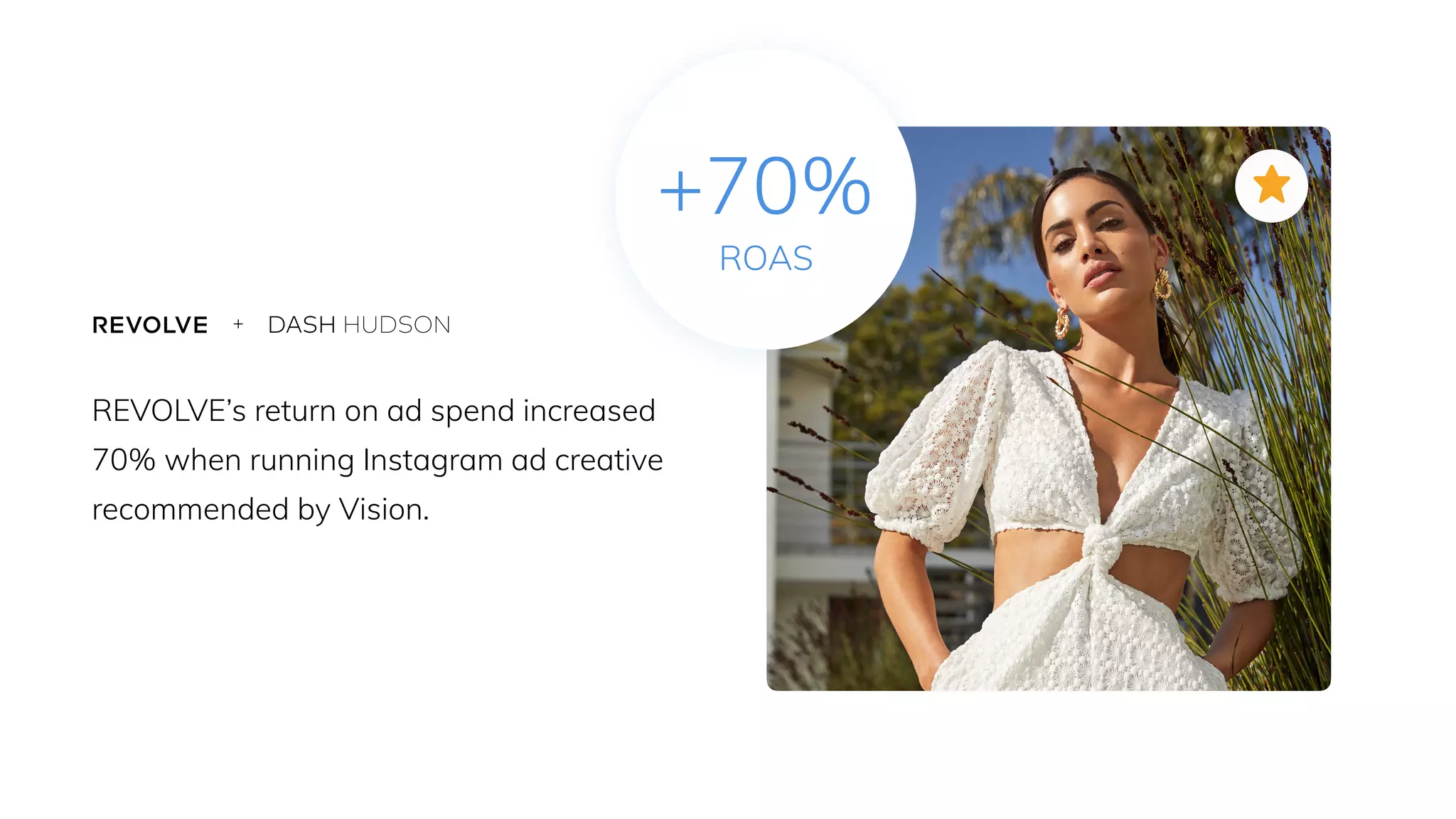 +70%
ROAS
REVOLVE’s return on ad spend increased
70% when running Instagram ad creative
recommended by Vision.
+
 