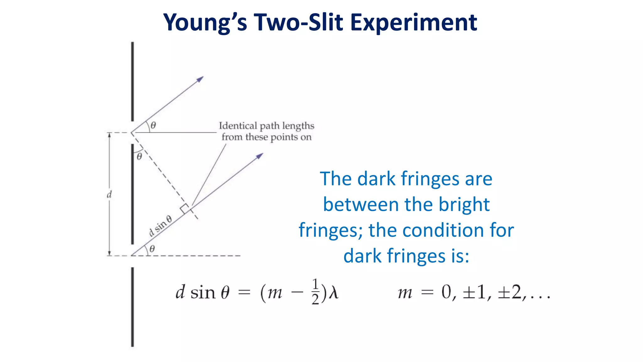 Young’s Two-Slit Experiment
The dark fringes are
between the bright
fringes; the condition for
dark fringes is:
 
