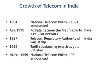 Growth of Telecom in India

• 1994         National Telecom Policy – 1994
               announced
•   Aug 1995   Kolkata became the first metro to have
               a cellular network
•   1997       Telecom Regulatory Authority of India
               was setup
•   1999       Tariff rebalancing exercises gets
               initiated
•   March 1999 National Telecom Policy – 99
               announced
 