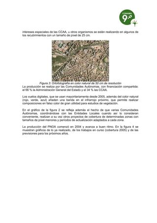 intereses especiales de las CCAA, u otros organismos se están realizando en algunos de
los recubrimientos con un tamaño de píxel de 25 cm.




             Figura 3: Ortofotografía en color natural de 50 cm de resolución
La producción se realiza por las Comunidades Autónomas, con financiación compartida:
el 66 % la Administración General del Estado y el 34 % las CCAA.

Los vuelos digitales, que se usan mayoritariamente desde 2005, además del color natural
(rojo, verde, azul) añaden una banda en el infrarrojo próximo, que permite realizar
composiciones en falso color de gran utilidad para estudios de vegetación.

En el gráfico de la figura 2 se refleja además el hecho de que varias Comunidades
Autónomas, coordinándose con las Entidades Locales cuando así lo consideran
conveniente, realizan a su vez otros proyectos de cobertura de determinadas zonas con
tamaños de píxel menores y períodos de actualización adaptados a cada zona.

La producción del PNOA comenzó en 2004 y avanza a buen ritmo. En la figura 4 se
muestran gráficos de lo ya realizado, de los trabajos en curso (cobertura 2005) y de las
previsiones para los próximos años.
 