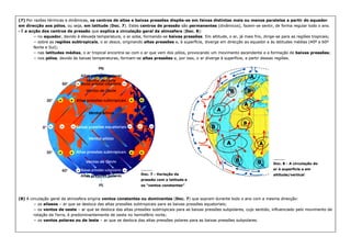 (7)
(7) Por razões térmicas e dinâmicas,
Por razões térmicas e dinâmicas, os
os centros de altas e baixas pressões dispõe
centros de altas e baixas pressões dispõe-
-se em faixas distintas mais ou menos paralelas a partir do equador
se em faixas distintas mais ou menos paralelas a partir do equador
em direcção aos pólos
em direcção aos pólos, ou seja,
, ou seja, em
em latitude
latitude (
(Doc
Doc.
. 7
7). Estes
). Estes centros de pressão
centros de pressão são
são permanentes
permanentes (dinâmicos), fazem
(dinâmicos), fazem-
-se sentir, de forma regular todo o ano.
se sentir, de forma regular todo o ano.
•
• É
É a acção dos centros de pressão
a acção dos centros de pressão que
que explica a circulação geral da atmosfera
explica a circulação geral da atmosfera (
(Doc. 8
Doc. 8):
):
−
− no
no equador
equador, devido à elevada temperatura, o ar sobe, formando
, devido à elevada temperatura, o ar sobe, formando-
-se
se baixas pressões
baixas pressões. Em altitude, o ar, já mais frio, dirige
. Em altitude, o ar, já mais frio, dirige-
-se para as regiões tropicais;
se para as regiões tropicais;
−
− sobre as
sobre as regiões subtropicais
regiões subtropicais, o ar desce, originando
, o ar desce, originando altas pressões
altas pressões e, à superfície, diverge em direcção ao equador e às latitudes médias (40º a 60º
e, à superfície, diverge em direcção ao equador e às latitudes médias (40º a 60º
Norte e Sul);
Norte e Sul);
−
− nas
nas latitudes médias
latitudes médias, o ar tropical encontra
, o ar tropical encontra-
-se com o ar que vem dos pólos, provocando um movimento ascendente e a formação de
se com o ar que vem dos pólos, provocando um movimento ascendente e a formação de baixas pressões
baixas pressões;
;
−
− nos
nos pólos
pólos, devido às baixas temperaturas, formam
, devido às baixas temperaturas, formam-
-se
se altas pressões
altas pressões e, por isso, o ar diverge à superfície, a partir dessas regiões.
e, por isso, o ar diverge à superfície, a partir dessas regiões.
(8)
(8) A circulação
A circulação geral da atmosfera origina
geral da atmosfera origina ventos
ventos constantes ou dominantes
constantes ou dominantes (
(Doc. 7
Doc. 7) que sopram durante todo o ano com a mesma direcção:
) que sopram durante todo o ano com a mesma direcção:
−
− os
os alíseos
alíseos –
– ar que se desloca das altas pressões subtropicais para as baixas pressões equatoriais;
ar que se desloca das altas pressões subtropicais para as baixas pressões equatoriais;
−
− os
os ventos de oeste
ventos de oeste –
– ar que se desloca das altas pressões subtropicais para as baixas pressões subpolares, cujo sentido, influenciado pelo movimen
ar que se desloca das altas pressões subtropicais para as baixas pressões subpolares, cujo sentido, influenciado pelo moviment
to de
o de
rotação da Terra, é predominantemente de oeste no hemisfério norte;
rotação da Terra, é predominantemente de oeste no hemisfério norte;
−
− os
os ventos polares ou de leste
ventos polares ou de leste –
– ar que se desloca das altas pressões polares para as baixas pressões subpolares.
ar que se desloca das altas pressões polares para as baixas pressões subpolares.
_________
_________
_________
_________
_________
_________
_________
_________
Doc. 8
Doc. 8 -
- A circulação do
A circulação do
ar à superfície e em
ar à superfície e em
altitude/vertical
altitude/vertical
_________
_________
_________
_________
_________
_________
_________
_________
Doc. 7
Doc. 7 -
- Variação da
Variação da
pressão com a latitude e
pressão com a latitude e
os “ventos constantes”
os “ventos constantes”
 