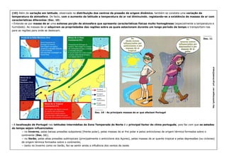 (10)
(10) Além da
Além da variação em latitude
variação em latitude, observada na
, observada na distribuição dos centros de pressão de origem dinâmica
distribuição dos centros de pressão de origem dinâmica, também se constata uma
, também se constata uma variação da
variação da
temperatura da atmosfera
temperatura da atmosfera. De facto,
. De facto, com o aumento da latitude a temperatura do ar vai diminuindo
com o aumento da latitude a temperatura do ar vai diminuindo,
, registando
registando-
-se a existência de massas de ar com
se a existência de massas de ar com
características diferentes
características diferentes (
(Doc. 10
Doc. 10).
).
•
• Entende
Entende-
-se por
se por massa de ar
massa de ar uma
uma extensa porção de atmosfera que apresenta características físicas muito homogéneas
extensa porção de atmosfera que apresenta características físicas muito homogéneas (especialmente a temperatura e
(especialmente a temperatura e
humidade). As massas de ar
humidade). As massas de ar adquirem as propriedades das regiões sobre as quais estacionam durante um longo período de tempo
adquirem as propriedades das regiões sobre as quais estacionam durante um longo período de tempo e transportam
e transportam-
-nas
nas
para as regiões para onde se deslocam.
para as regiões para onde se deslocam.
__________
__________
__________
__________
__________
__________
__________
__________
Doc. 11
Doc. 11
prof.geo.fernando@sapo.pt
prof.geo.fernando@sapo.pt
•
• A
A localização de Portugal
localização de Portugal nas
nas latitudes intermédias da Zona Temperada do Norte
latitudes intermédias da Zona Temperada do Norte é o
é o principal factor do clima português
principal factor do clima português, pois faz com que
, pois faz com que os estados
os estados
do tempo sejam influenciados
do tempo sejam influenciados:
:
−
− no
no Inverno
Inverno, pelas baixas pressões subpolares (frente polar), pelas massas de ar frio polar e pelos anticiclones de origem térmica forma
, pelas baixas pressões subpolares (frente polar), pelas massas de ar frio polar e pelos anticiclones de origem térmica formados
dos sobre o
sobre o
continente (
continente (Doc. 11
Doc. 11);
);
−
− no
no Verão
Verão, pelas altas pressões subtropicais (principalmente o anticiclone dos Açores), pelas massas de ar quente tropical e pelas dep
, pelas altas pressões subtropicais (principalmente o anticiclone dos Açores), pelas massas de ar quente tropical e pelas depres
ressões
sões (ou ciclones)
(ou ciclones)
de
de origem térmica formados sobre o continente;
origem térmica formados sobre o continente;
−
− tanto no Inverno como no Verão, faz
tanto no Inverno como no Verão, faz-
-se sentir ainda a influência dos ventos de oeste.
se sentir ainda a influência dos ventos de oeste.
__________
__________
__________
__________
__________
__________
__________
__________
Doc. 10
Doc. 10 -
- As principais massas de ar que afectam Portugal
As principais massas de ar que afectam Portugal
http://geoclick.blogspot.com/
http://geoclick.blogspot.com/
-
-
prof.geo.fernando@sapo.pt
prof.geo.fernando@sapo.pt
 