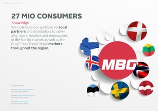 21MBG NORDIC - AN INTRODUCTION
27 MIO CONSUMERS
We distribute our portfolio via local
partners and distributors to cover
all grocers, retailers and monopolies
in the Nordic market as well as the
Duty Free/Travel Retail markets
throughout the region.
Note below links:
Norway www.vinmonopolet.no
Consists of 316 stores.
Sweden www.systembolaget.se
Consists of 426 stores.
Finland www.alko.fi/en
Consists of 350 stores.
Knowledge
21MBG NORDIC - AN INTRODUCTION
 