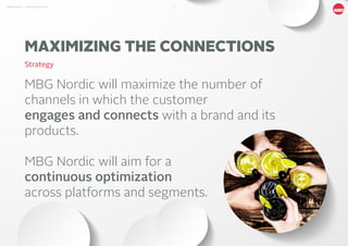 8MBG NORDIC - AN INTRODUCTION
MBG Nordic will maximize the number of
channels in which the customer
engages and connects with a brand and its
products.
MBG Nordic will aim for a
continuous optimization
across platforms and segments.
MAXIMIZING THE CONNECTIONS
Strategy
 