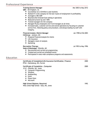 Professional Experience
Education
Mar 2003 to May 2012Training General Manager
QRC - Birmingham, AL
Successfully ran a $3million a year business
Ranked #1 in the company for the last 4 years of employment in profitability
Averaged a 38% GMP
Reached elite Emerald Club ranking in operations
Reduced turnover by over 100%
Trained managers for the company
Managed 70 plus employees and 4 to 8 managers at all times
Increased sales, customer service and overall operations by focusing on customer
service first, following policy and procedure, and always leading my staff with
integrity.
Jan 1998 to Feb 2003Financial Analyst, District Manager
CitiGroup - Jackson, MS
Prepared Financial Analysis for clients
Life Insurance
Managed a team of analysts
Marketing
Jul 1993 to May 1996Recreation Therapy
State of Mississippi - Ellisville, MS
Documented and carried out programming
Created and carried out scheduled events
Participated in state wide compliance programs and assessments
2000Certificate of Completion/Life Insurance Certification, Finance
PFSU - Hattiesburg, MS, Forrest
2000Certificate of Completion , Computer
JCJC - Ellisville, MS, Jones
Computer Programming
Windows
Keyboarding
Excel
Power Point
Microsoft
1992High School Diploma, Required
West Jones High School - Soso, MS, Jones
 