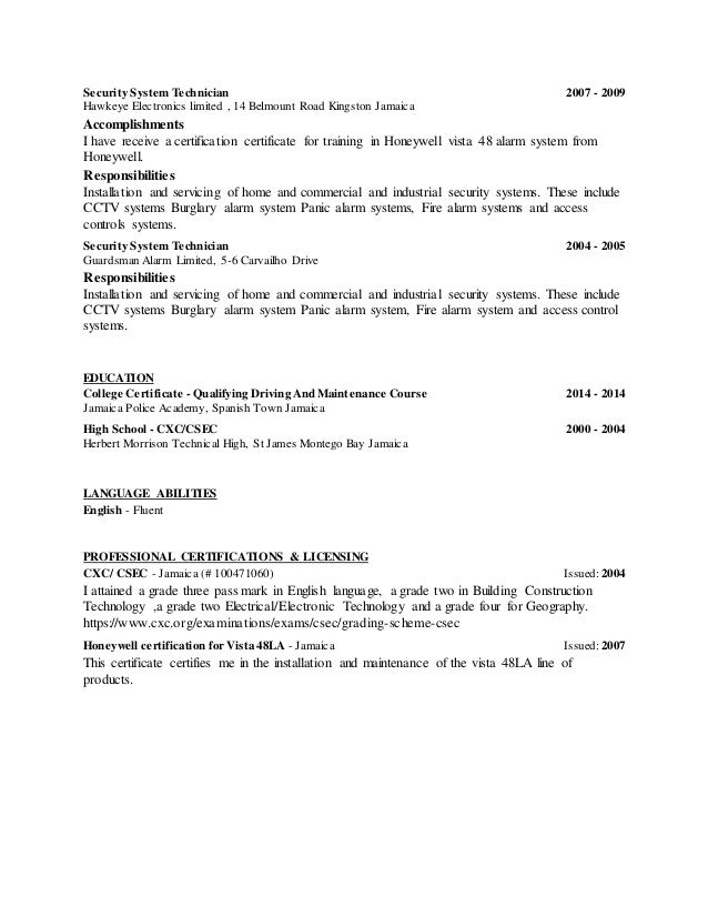 Security systems technician resume