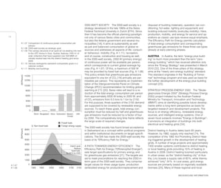 BACKGROUND INFORMATION
14
Interim goal:
Reduce
fossil fuels
by 50% by 2050
Non-fossil fuels
Fossil fuels
Foreign energy supply
[W/Person]
2150
2100
2000 2050
1950
1900
0
4000
5000
6000
8000
3000
1000
2000
[W/Person]
USA
Western
Europe
Africa Switzerland
Bangladesh
World
0
8000
10000
12000
14000
6000
2000
4000
2000-WATT SOCIETY The 2000-watt society is a
strategy developed in the late 1990s at the Swiss
Federal Technical University in Zurich (ETH). Since
then it has become the official planning paradigm
not only of various Swiss cities and communities,
but also the federal government and several mu-
nicipalities [18]. It aims at sustainability as well
as just and balanced consumption of global re-
sources and addresses all aspects of life: consum-
er behaviour, mobility (Fig. A 1.11), recreation,
and of course, construction and housing as well.
In the 2000-watt society, 2000 W (primary energy)
of continuous power will be available per person,
which corresponds to current global average fig-
ures (Fig. A 1.07). Of this, a maximum of 500 W
may be provided by fossil fuel sources (Fig. A 1.08).
This policy entails that greenhouse-gas emissions
equivalent to one ton of CO2 [19] annually are per-
missible per person. This represents an implemen-
tation of the Intergovernmental Panel on Climate
Change (IPCC) recommendation for limiting global
warming at 2°C [20]. Swiss rates will lead to a re-
duction of the total energy consumption per person
from approximately 6500 W today to 2000 W, and
of CO2 emissions from 8.5 tons to 1 ton by 2150.
For this purpose, three-quarters of the 2150 demand
are supposed to be covered by renewable energy
sources. To reach these goals, total energy con-
sumption must be reduced by half and greenhouse-
gas emissions must be reduced by a factor of four
by 2050. The comparatively long time frame reflects
the large scale of required changes.
The 2000-watt society has found broad acceptance
in Switzerland as a concept within political programs
and within institutional documents on target specifi-
cations. The SIA has made the 2000-watt society the
basis of its “Efficiency Path for Energy.”
A PATH TOWARDS ENERGY EFFICIENCY The
Efficiency Path for Energy (“Effizienzpfad Energie”)
sets target specifications for primary energy and
for greenhouse gas emissions [21]. The targets are
set to meet preconditions for reaching the 2050 in-
terim goal of the 2000-watt society. They comprise
target values for three usage types: production
(embodied energy for production/replacement and
A 1.07
A 1.08
A 1.07 Comparison of continuous power consumption per
person.
A 1.08 2000-watt society as strategic goal.
A 1.09 The canopy structure of an open-air ice skating rink next
to the UPC Arena in Graz, Austria, features 1400 m2
of
solar collectors that have supplied over 500 MWh of
climate neutral heat into the district heating grid since
2002.
A 1.10 Various neologisms represent comparable goals in a
national context.
A 1.11 Mobility and buildings
disposal of building materials), operation (air-con-
ditioning, hot water, lighting and equipment) and
building-induced mobility (everyday mobility). Here,
production, mobility, and energy for service and op-
erations as classic use type receive equal emphasis.
The Efficiency Path for Energy permits calculation
of total energy consumption and corresponding
greenhouse gas emissions for these three use types
already at early planning phases.
AUSTRIA In Austria, the term “energy plus build-
ing” is much more prevalent than the term “zero-
energy building,” which has received attention only
since the “Energy Strategy” was presented in March
2010 [22]. One of the three pillars of this strategy
aims at the “nearly zero energy building” standard.
This standard originates in the “Building of Tomor-
row” technology program and was used as basis for
the further development of the energy plus building
concept [23].
STRATEGY PROCESS ENERGY 2050 The “Strate-
gieprozess Energie 2050” (Strategy Process Energy
2050) project initiated by the Austrian Federal
Ministry for Transport, Innovation and Technology
(BMVIT) aims at identifying possible future develop-
ments within a long-term perspective as basis for
targeted research and development projects. The
focus is on energy efficiency, renewable energy
sources, and intelligent energy systems. One of
seven focal subjects involves “Energy in Buildings”;
it envisions an integration of buildings into both
electrical and heating grids [24].
District heating in Austria dates back 60 years.
However, by 1982, supply only reached 2%. The
completion of the 1982 Act Promoting District Heat-
ing triggered growth in the development of heating
grids. A number of large projects and approximately
7400 smaller systems contributed to district heating
or local heating grids providing 19% of heating in
Austria in 2008. District heating boomed particularly
in urban areas: as the “district-heating city” of Aus-
tria, Linz boasts a supply rate of 60%, while Vienna
achieved “only” 34%. In rural areas, grid energy
sources are primarily based on regionally available
biomass [25]. Many of these regional and local
 