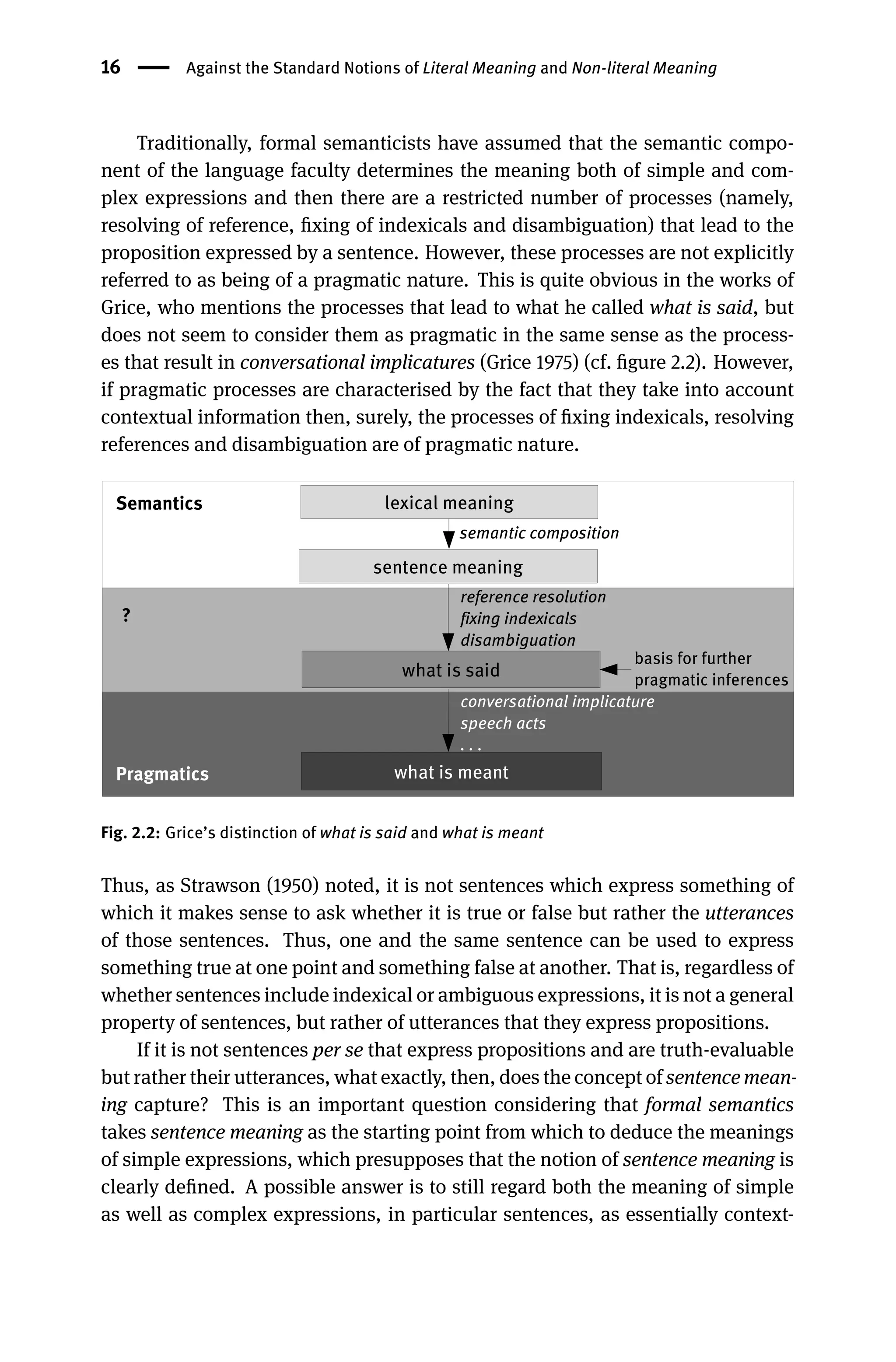 16 Against the Standard Notions of Literal Meaning and Non-literal Meaning
Traditionally, formal semanticists have assumed that the semantic compo-
nent of the language faculty determines the meaning both of simple and com-
plex expressions and then there are a restricted number of processes (namely,
resolving of reference, ﬁxing of indexicals and disambiguation) that lead to the
proposition expressed by a sentence. However, these processes are not explicitly
referred to as being of a pragmatic nature. This is quite obvious in the works of
Grice, who mentions the processes that lead to what he called what is said, but
does not seem to consider them as pragmatic in the same sense as the process-
es that result in conversational implicatures (Grice 1975) (cf. ﬁgure 2.2). However,
if pragmatic processes are characterised by the fact that they take into account
contextual information then, surely, the processes of ﬁxing indexicals, resolving
references and disambiguation are of pragmatic nature.
S
e
ma
n
t
i
c
s lexical meaning
sentence meaning
what is said
P
r
a
g
ma
t
i
c
s
s
e
ma
n
t
i
c
c
o
m
p
o
s
i
t
i
o
n
basis for further
pragmatic inferences
r
e
f
e
r
e
n
c
e
r
e
s
o
l
u
t
i
o
n
f
i
x
i
n
g
i
n
d
e
x
i
c
a
l
s
d
i
s
a
mb
i
g
u
a
t
i
o
n
what is meant
c
o
n
v
e
r
s
a
t
i
o
n
a
l
i
mp
l
i
c
a
t
u
r
e
s
p
e
e
c
h
a
c
t
s
.
.
.
?
Fig. 2.2: Grice’s distinction of what is said and what is meant
Thus, as Strawson (1950) noted, it is not sentences which express something of
which it makes sense to ask whether it is true or false but rather the utterances
of those sentences. Thus, one and the same sentence can be used to express
something true at one point and something false at another. That is, regardless of
whether sentences include indexical or ambiguous expressions, it is not a general
property of sentences, but rather of utterances that they express propositions.
If it is not sentences per se that express propositions and are truth-evaluable
but rather their utterances, what exactly, then, does the concept of sentence mean-
ing capture? This is an important question considering that formal semantics
takes sentence meaning as the starting point from which to deduce the meanings
of simple expressions, which presupposes that the notion of sentence meaning is
clearly deﬁned. A possible answer is to still regard both the meaning of simple
as well as complex expressions, in particular sentences, as essentially context-
 