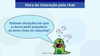 Hora da interação pelo chat
Imagem: © Pixabay
Existem situações em que
a chuva pode prejudicar
os seres vivos na natureza?
 