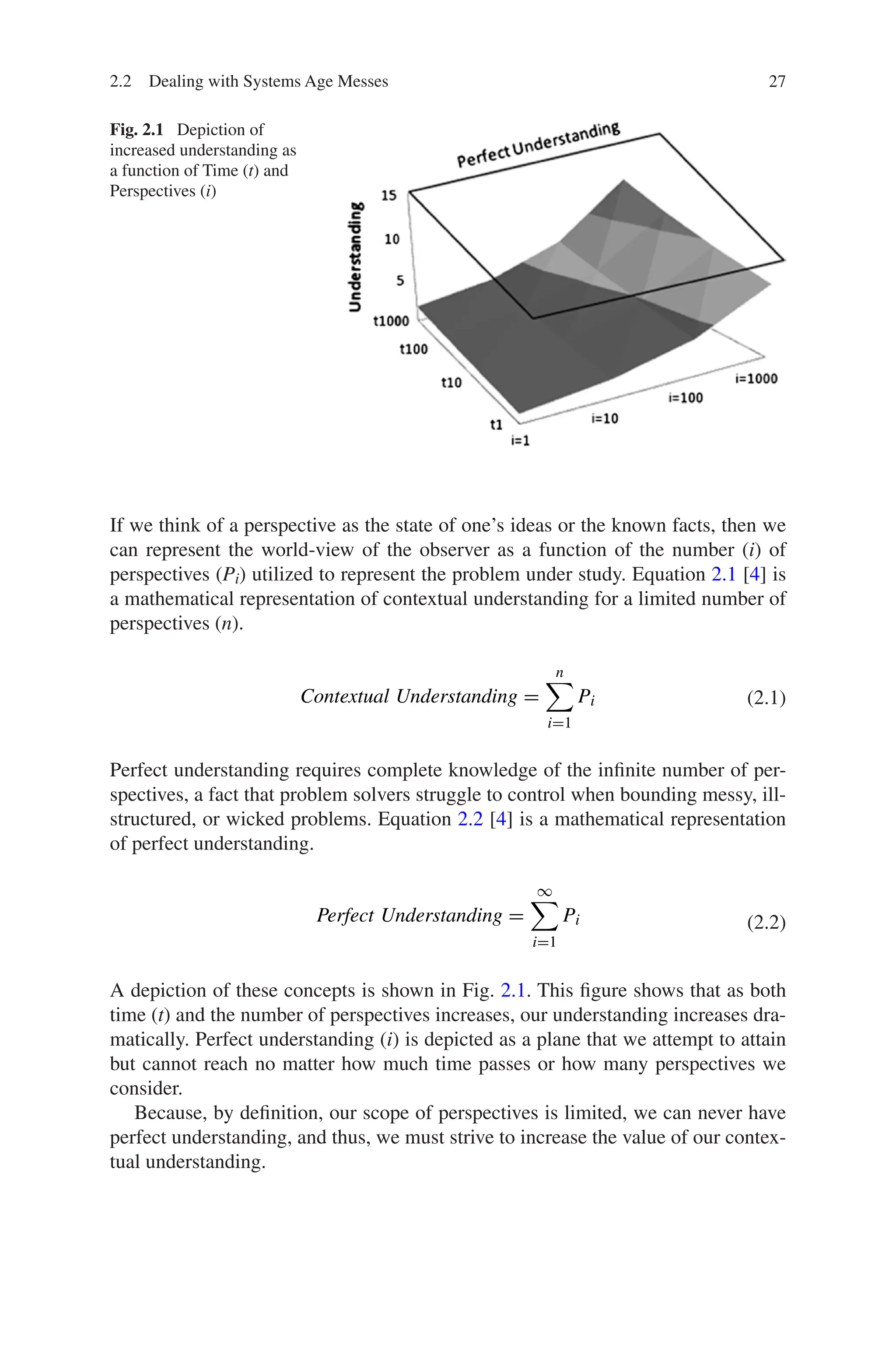 27
If we think of a perspective as the state of one’s ideas or the known facts, then we
can represent the world-view of the observer as a function of the number (i) of
perspectives (Pi) utilized to represent the problem under study. Equation 2.1 [4] is
a mathematical representation of contextual understanding for a limited number of
perspectives (n).
Perfect understanding requires complete knowledge of the infinite number of per-
spectives, a fact that problem solvers struggle to control when bounding messy, ill-
structured, or wicked problems. Equation 2.2 [4] is a mathematical representation
of perfect understanding.
A depiction of these concepts is shown in Fig. 2.1. This figure shows that as both
time (t) and the number of perspectives increases, our understanding increases dra-
matically. Perfect understanding (i) is depicted as a plane that we attempt to attain
but cannot reach no matter how much time passes or how many perspectives we
consider.
Because, by definition, our scope of perspectives is limited, we can never have
perfect understanding, and thus, we must strive to increase the value of our contex-
tual understanding.
(2.1)
Contextual Understanding =
n

i=1
Pi
(2.2)
Perfect Understanding =
∞

i=1
Pi
Fig. 2.1  Depiction of
increased understanding as
a function of Time (t) and
Perspectives (i)
2.2 Dealing with Systems Age Messes
 