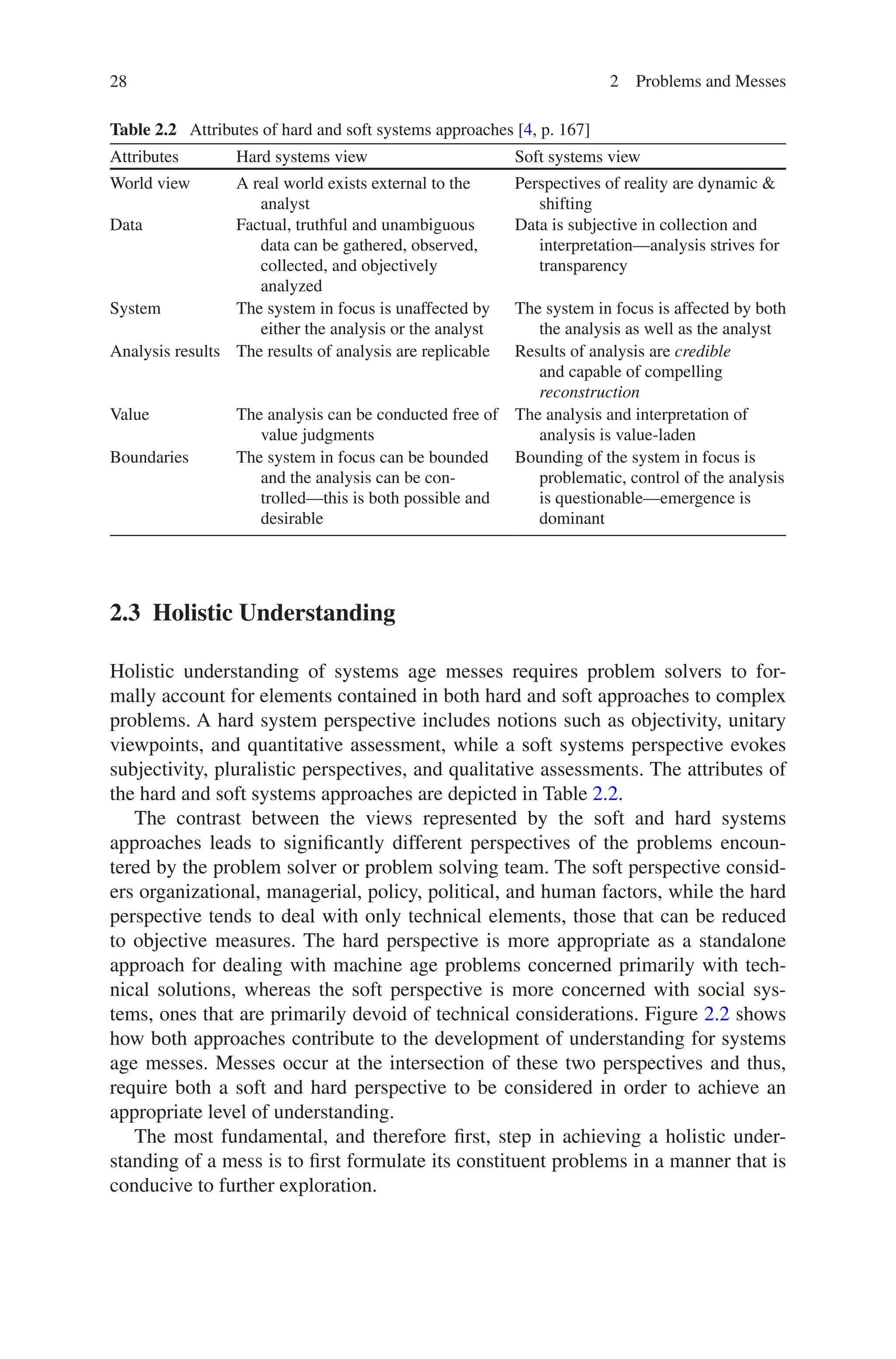 28 2 Problems and Messes
2.3 Holistic Understanding
Holistic understanding of systems age messes requires problem solvers to for-
mally account for elements contained in both hard and soft approaches to complex
problems. A hard system perspective includes notions such as objectivity, unitary
viewpoints, and quantitative assessment, while a soft systems perspective evokes
subjectivity, pluralistic perspectives, and qualitative assessments. The attributes of
the hard and soft systems approaches are depicted in Table 2.2.
The contrast between the views represented by the soft and hard systems
approaches leads to significantly different perspectives of the problems encoun-
tered by the problem solver or problem solving team. The soft perspective consid-
ers organizational, managerial, policy, political, and human factors, while the hard
perspective tends to deal with only technical elements, those that can be reduced
to objective measures. The hard perspective is more appropriate as a standalone
approach for dealing with machine age problems concerned primarily with tech-
nical solutions, whereas the soft perspective is more concerned with social sys-
tems, ones that are primarily devoid of technical considerations. Figure 2.2 shows
how both approaches contribute to the development of understanding for systems
age messes. Messes occur at the intersection of these two perspectives and thus,
require both a soft and hard perspective to be considered in order to achieve an
appropriate level of understanding.
The most fundamental, and therefore first, step in achieving a holistic under-
standing of a mess is to first formulate its constituent problems in a manner that is
conducive to further exploration.
Table 2.2  Attributes of hard and soft systems approaches [4, p. 167]
Attributes Hard systems view Soft systems view
World view A real world exists external to the
analyst
Perspectives of reality are dynamic 
shifting
Data Factual, truthful and unambiguous
data can be gathered, observed,
collected, and objectively
analyzed
Data is subjective in collection and
interpretation—analysis strives for
transparency
System The system in focus is unaffected by
either the analysis or the analyst
The system in focus is affected by both
the analysis as well as the analyst
Analysis results The results of analysis are replicable Results of analysis are ­
credible
and capable of compelling
reconstruction
Value The analysis can be conducted free of
value judgments
The analysis and interpretation of
analysis is value-laden
Boundaries The system in focus can be bounded
and the analysis can be con-
trolled—this is both possible and
desirable
Bounding of the system in focus is
problematic, control of the analysis
is questionable—emergence is
dominant
 