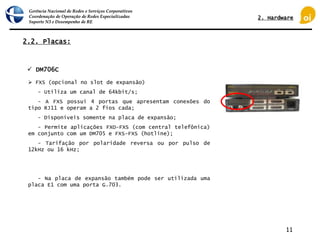Gerência Nacional de Redes e Serviços Corporativos
Coordenação de Operação de Redes Especializadas
Suporte N3 e Desempenho de RE
11
2.2. Placas:
 FXS (opcional no slot de expansão)
- Utiliza um canal de 64kbit/s;
- A FXS possui 4 portas que apresentam conexões do
tipo RJ11 e operam a 2 fios cada;
- Disponíveis somente na placa de expansão;
- Permite aplicações FXO-FXS (com central telefônica)
em conjunto com um DM705 e FXS-FXS (hotline);
- Tarifação por polaridade reversa ou por pulso de
12kHz ou 16 kHz;
- Na placa de expansão também pode ser utilizada uma
placa E1 com uma porta G.703.
 DM706C
2. Hardware
 
