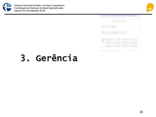 Gerência Nacional de Redes e Serviços Corporativos
Coordenação de Operação de Redes Especializadas
Suporte N3 e Desempenho de RE
18
3. Gerência
 