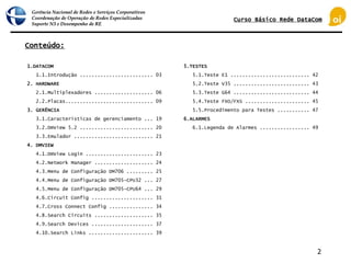 Gerência Nacional de Redes e Serviços Corporativos
Coordenação de Operação de Redes Especializadas
Suporte N3 e Desempenho de RE
2
Conteúdo:
1.DATACOM
1.1.Introdução ......................... 03
2. HARDWARE
2.1.Multiplexadores .................... 06
2.2.Placas.............................. 09
3. GERÊNCIA
3.1.Características de gerenciamento ... 19
3.2.DmView 5.2 ......................... 20
3.3.Emulador ........................... 21
4. DMVIEW
4.1.DmView Login ....................... 23
4.2.Network Manager .................... 24
4.3.Menu de Configuração DM706 ......... 25
4.4.Menu de Configuração DM705-CPU32 ... 27
4.5.Menu de Configuração DM705-CPU64 ... 29
4.6.Circuit Config ..................... 31
4.7.Cross Connect Config ............... 34
4.8.Search Circuits .................... 35
4.9.Search Devices ..................... 37
4.10.Search Links ...................... 39
Curso Básico Rede DataCom
5.TESTES
5.1.Teste E1 ........................... 42
5.2.Teste V35 .......................... 43
5.3.Teste G64 .......................... 44
5.4.Teste FXO/FXS ...................... 45
5.5.Procedimento para Testes ........... 47
6.ALARMES
6.1.Legenda de Alarmes ................. 49
 
