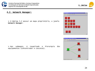 Gerência Nacional de Redes e Serviços Corporativos
Coordenação de Operação de Redes Especializadas
Suporte N3 e Desempenho de RE
24
4.2. Network Manager:
 O DmView 5.2 possui um mapa proprietário, a janela
Network Manager.
 Nos submapas, é respeitado a hierarquia dos
equipamentos (concentrador e cascatas).
4. DmView
 