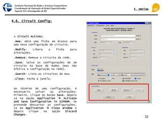 Gerência Nacional de Redes e Serviços Corporativos
Coordenação de Operação de Redes Especializadas
Suporte N3 e Desempenho de RE
32
4.6. Circuit Config:
 Circuit Actions:
.New: Abre uma ficha em branco para
uma nova configuração de circuito.
.Modify: Libera a ficha para
alterações.
.Remove: Remove o circuito da rede.
.Save: Salva as configurações de um
circuito na base de dados (mas não
efetiva a configuração na rede).
.Search: Lista os circuitos do mux.
.Close: Fecha a janela.
Ao término de uma configuração, é
necessário salvar as alterações:
Primeiro, clique no botão Save, depois
vá na opção Application  Activate
and Save Configuration in E2PROM. Se
pretende descartar as configurações,
vá em Application  Close Window e
depois clique na opção Discard
Changes.
4. DmView
 